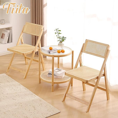 Tiita Rattan Dining Chairs Set of 2, Mid Century Modern Folding Chair, Bamboo Folding Dining Chairs for Small Space, Dining Room, Living Room, Bedroom, Wood