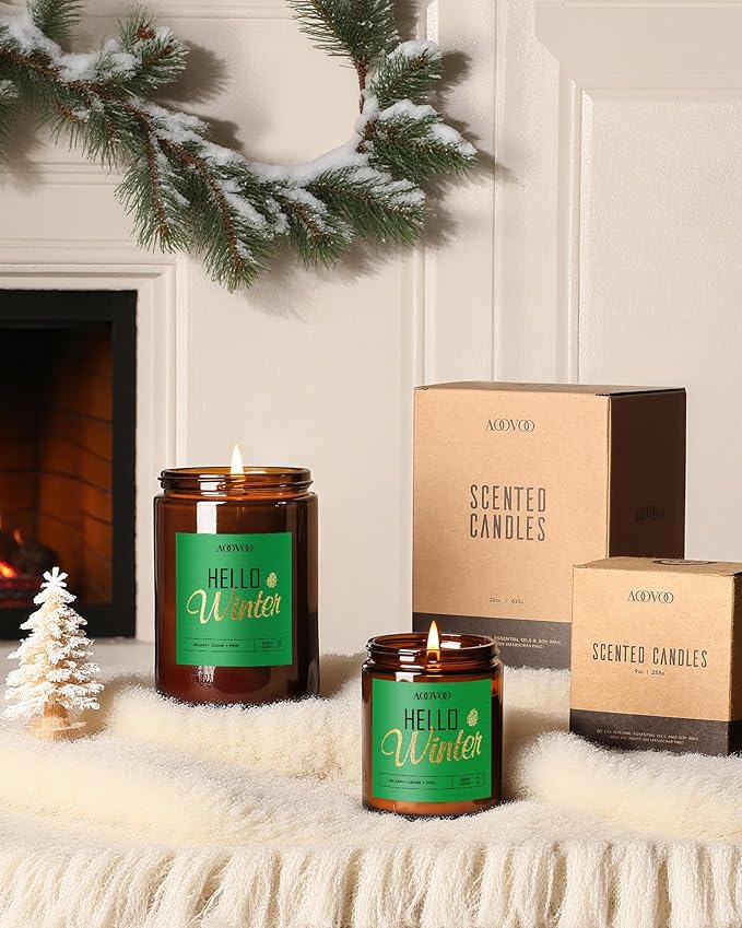 AOOVOO Hello Winter Candle - Large Pine Scented Soy Wax Aromatherapy Candle, 9 oz