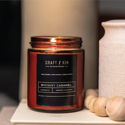Craft & Kin Christmas Scented Candles for Men | Premium Whiskey Caramel Winter Candle | All-Natural Scent for Home | Long Lasting Holiday Candles with 45 Hour Burn Time, 8oz