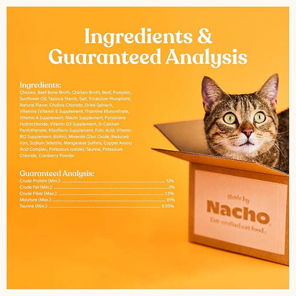 Made by Nacho Flaked Filets Recipe in Bone Broth, Grain-Free Chef's Selects Wet Food for Cats Balanced Diet in Naturally Hydrating Pumpkin-Infused Broth (3.0 oz (Pack of 12), Chicken & Beef)