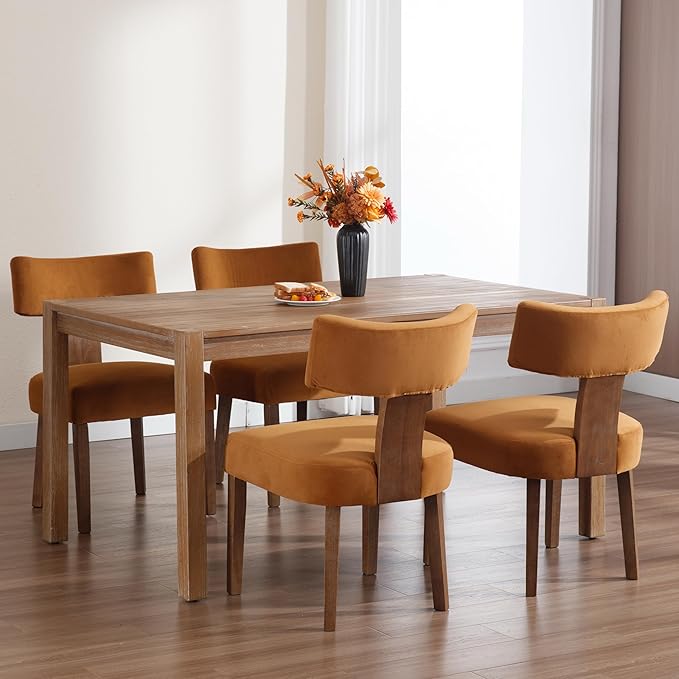 Velvet Dining Chairs Set of 4 Modern Dining Chair with Wood Legs, Upholstered Dining Chairs for Dining Room, Kitchen, Vanity, Living Room, Yellow Brown