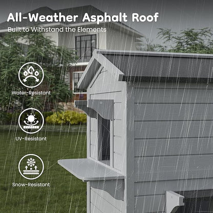 Outdoor Cat House, 2-Story Feral Cat Shelter with Weatherproof Roof for Winter, Weatherproof Wooden Cats House with Escape Doors