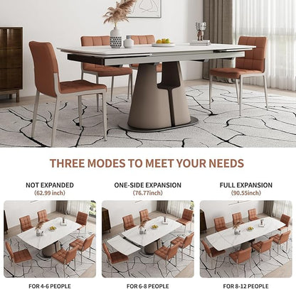 Modern Dining Table, Seats 8-10, Extendable Sintered Stone Dining Table, White Top, Saddle Leather Pedestal Table, 90 in.（1Table