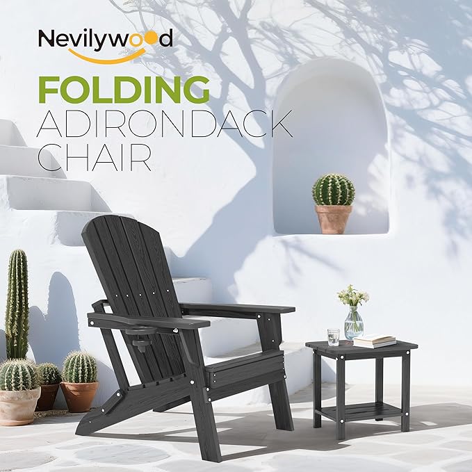 nevilywood Folding Adirondack Chair - Extended Ergonomic Backrest, Cup Holder - Easy Assembly - Durable HDPE Plastic, Weather Resistant & Maintenance-Free - Lawn, Patio, Deck Supports 380lbs Black
