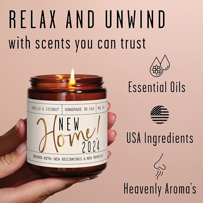 House Warming Gifts New Home, Housewarming Gifts New Home - 'New Home 2024' Soy Candle, w/Vanilla, Coconut & Vetiver I for New House, New Home Gifts I 9oz Jar, 50Hr Burn, Made in USA