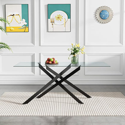 60.6'' Tempered Glass Dining Table for 4-6 People, Rectangle Kitchen Table with Black X-Base Metal Legs, Adjustable Feet, Glass Top Desk for Home Office Glass Dining Room Table for 6