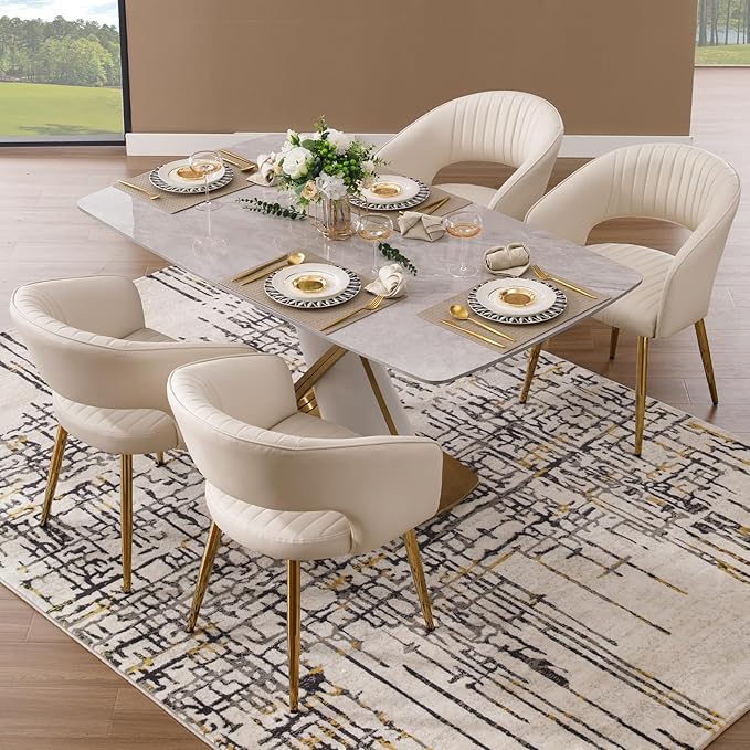 Modern Dining Chairs Set of 4, Upholstered PU Leather Gold Dining Room Chairs with Hollow Back, Accent Armrest Kitchen Chairs with Gold Legs for Living Room Cream