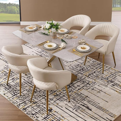 Modern Dining Chairs Set of 4, Upholstered PU Leather Gold Dining Room Chairs with Hollow Back, Accent Armrest Kitchen Chairs with Gold Legs for Living Room Cream