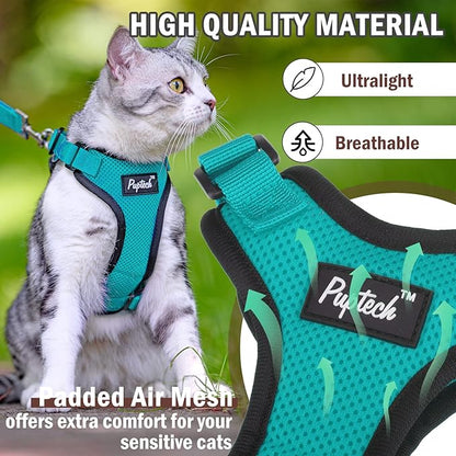 PUPTECK Cat Harness and Leash Set Escape Proof for Walking, Breathable Mash Vest Adjustable Harness for Cats Puppy Small Animals, Reflective at Night, Green Small