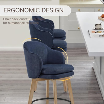 Counter Height Barstools 26 inch Upholstered Swivel Bar Stools with Back and Wood Legs for Kitchen Island,Set of 1,Blue Fabric