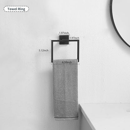 GGStudy Matte Black Square Towel Ring Hand Towel Holder for Bathroom Solid SUS 304 Stainless Steel, Kitchen Bath Towel Holder Hangers Heavy Duty Storage Round Wall Mount
