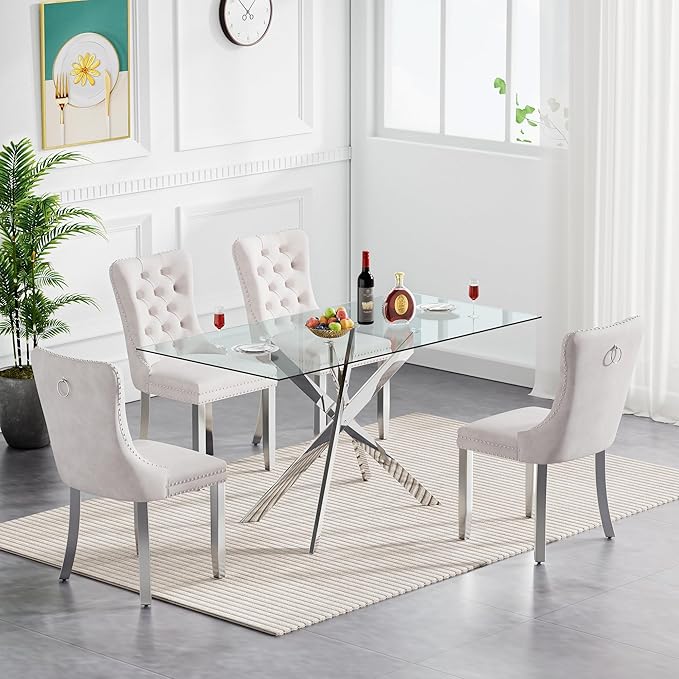 Goujxcy Glass Dining Table Set for 4, Modern Kitchen Table and Chairs Set of 4, 5-Piece Kitchen Dining Room Table Set w/61 Glass Silver Dining Table and 4 Beige Velvet Upholstered Chairs