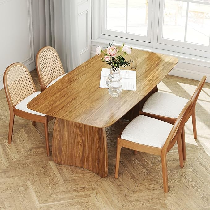 LukeAlon Modern Sherpa Dining Chairs Set of 6, Natural Woven Rattan Cane Back Side Chairs with Solid Wood Legs Mid Century Dinner Chairs for Kitchen Living Room, White