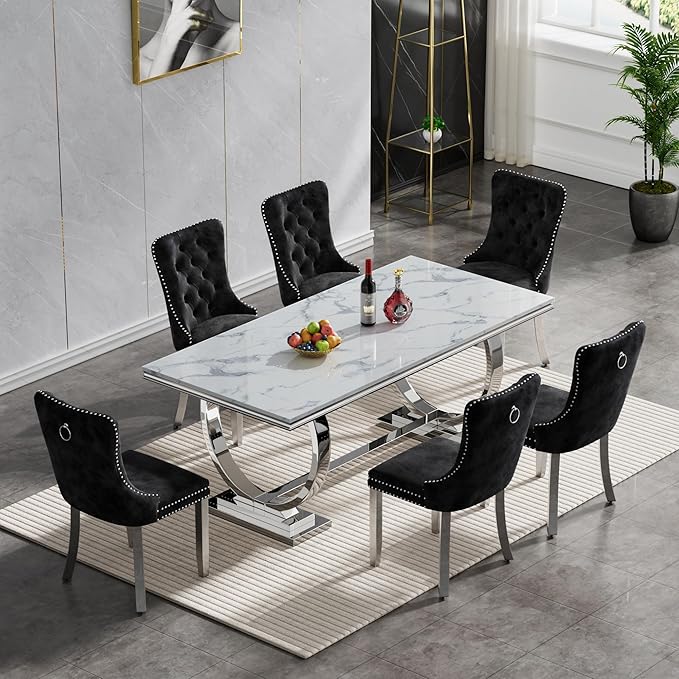 Goujxcy 7 Piece Marble Dining Table Set for 6, Luxury 70" White Marble Silver Kitchen Table with 6 Black Velvet Upholstered Chairs, Modern 6 Person Dining Room Table Set for Kicken Dining Office Room