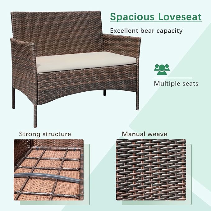 Greesum Patio Furniture 4 Pieces Conversation Sets Outdoor Wicker Rattan Chairs Garden Backyard Balcony Porch Poolside loveseat with Soft Cushion and Glass Table, Brown and Beige