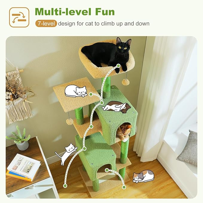 62" Cactus Cat Tree for Indoor Cats, Multi-Level Cat Tower with 2 Spacious Condos, Dual Top Perches, Scratching Pad, 4 Scratching Posts, 2 Pompoms, Green