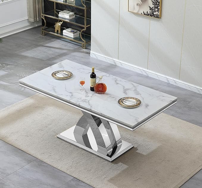 Goujxcy 68" Luxury Marble Dining Table for 6-8, Modern Rectangle White Faux Marble Kitchen Dining Room Table with Silver X-Shape Stainless Steel Pedestal Base for Kitchen Dining Room