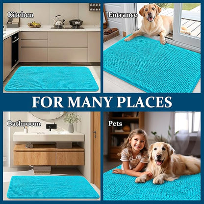 OLANLY Dog Door Mat for Muddy Paws 47x24, Absorbs Moisture and Dirt, Absorbent Non-Slip Washable Doormat, Quick Dry Chenille Mud Mat for Dogs, Entry Indoor Entryway Carpet for Inside Floor, Aqua Blue