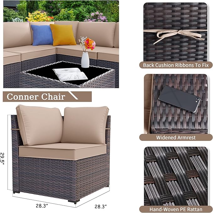 Kurapika 9 Pieces Patio Furniture Set, Rattan Wicker Sofa Set, Outdoor Conversation Sets w/Swivel Rocking Chairs Patio Sectional Sofa w/4 Inch Cushion, Sand