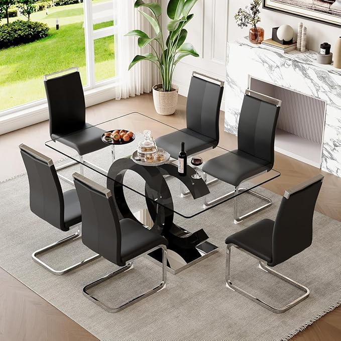 63'' Glass Dining Table Set for 6, Kitchen Table Chairs Set of 6, Clear Glass Dining Table with Black unique design Leg and Silver Metal Base, 6 PU Dining Chairs with Metal Legs, Living Room, Kitchen.