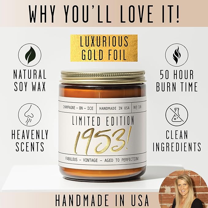 72nd Birthday Gifts for Women - 'Limited Edition 1953' Soy Candle, w/Champagne on Ice I 72 Birthday Gifts for Women I 72nd Birthday Gift for Her Ideas I 9oz Reusable Jar, 50Hr Burn, Made in USA