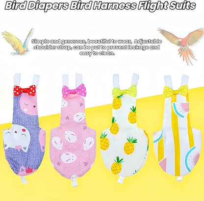 2Pcs Bird Diapers Bird Harness Flight Suits Diapers with 80 Inch Flying Leash Parrot Nappy Washable Cute Urine Wet Suit for Cockatiel Conure Macaw Budgies Parakeet-Rabbit&Watermelon,S