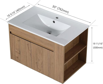 Goujxcy 30" Wall Mounted Bathroom Vanity with Sink, Modern Floating Bathroom Cabinet with White Ceramic Basin and Storage Cabinet/Shelf, Soft-Closing Door Wood Hanging Bath Room Cabinets