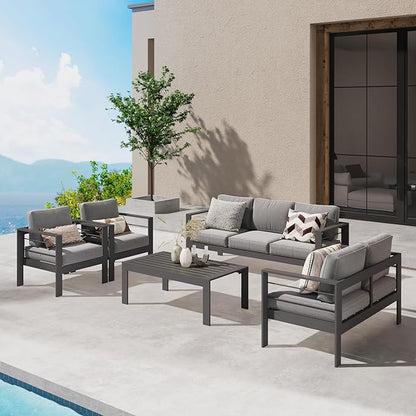Wisteria Lane Aluminum Outdoor Patio Furniture Set,7 Seats Modern Patio Conversation Sets, Outdoor Sectional Metal Sofa with 5 Inch Cushion and Coffee Table for Balcony, Garden, Dark Grey