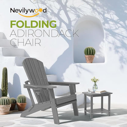 nevilywood Folding Adirondack Chair - Extended Ergonomic Backrest, Cup Holder - Easy Assembly - Durable HDPE Plastic, Weather Resistant & Maintenance-Free - Lawn, Patio, Deck Supports 380lbs Grey