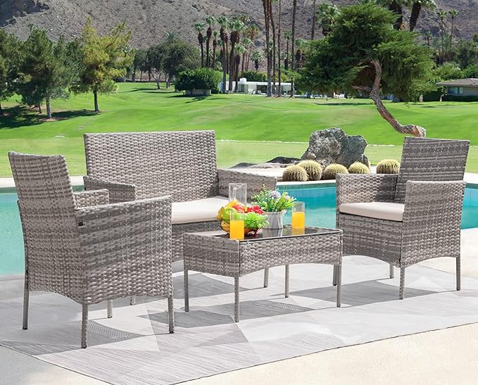 Greesum Patio Furniture 4 Pieces Conversation Sets Outdoor Wickerr Rattan Chairs Garden Backyard Balcony Porch Poolside loveseat with Soft Cushion and Glass Table, Gray and Beige