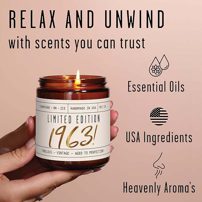 62nd Birthday Gifts for Women - 'Limited Edition 1963' Soy Candle, w/Champagne on Ice I 62 Birthday Gifts for Women I 62nd Gift for Her Ideas I 9oz Reusable Jar, 50Hr Burn, Made in USA