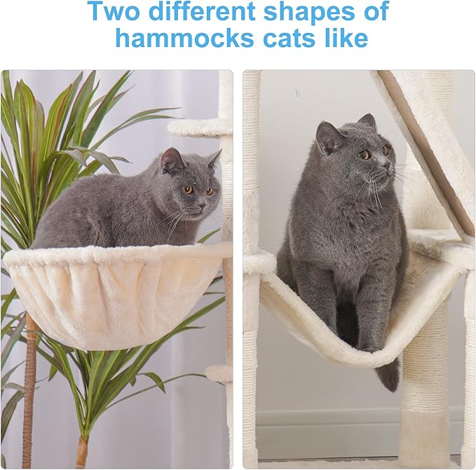 Hey-brother Cat Tree, 61 inch Cat Tower for Indoor Cats, Cat House with Padded Platform Bed, Toy Balls, Large Cozy Condo, Hammocks and Sisal Scratching Posts, Beige 0MPJ019M