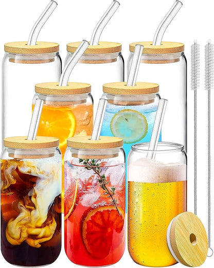 Drinking Glasses with Bamboo Lids and Glass Straw 8PCS Set, 16oz Glass Cups with Lids and Straws, Beer, Iced Coffee Glasses, Soda, Gift 2 Cleaning Brushes
