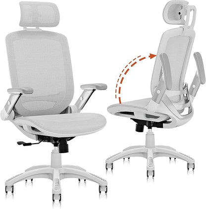 GABRYLLY Ergonomic Office Chair, High Back Home Desk Chair with Headrest, Flip-Up Arms, 90-120° Tilt Lock and Wide Cushion, 400LBS Mesh Chairs for Man Woman, White Task Chair(Grey,GY01WG)