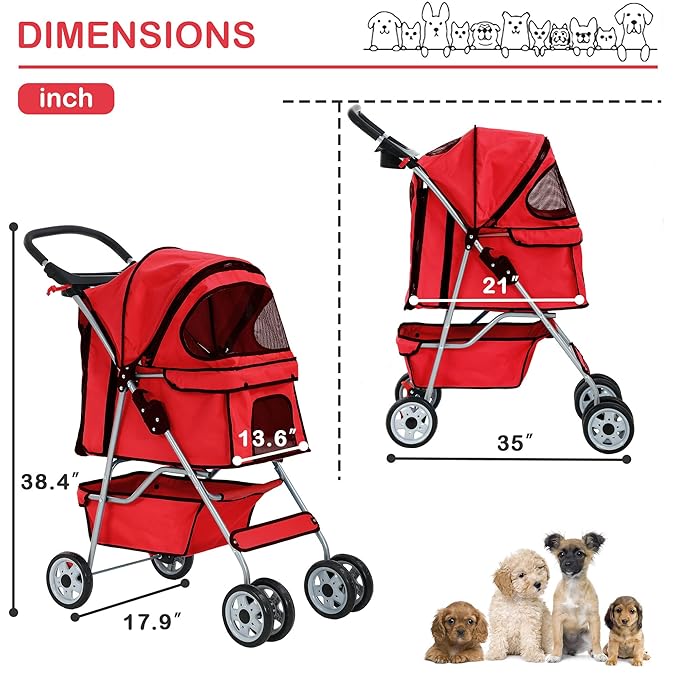 4 Wheels Pet Stroller Waterproof,Travel Stroller for Small Medium Dogs & Cats,Easy Fold with Removable Liner,Storage Basket,Red