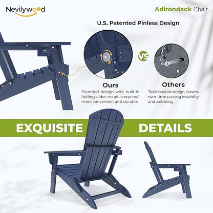 nevilywood Folding Adirondack Chair - Extended Ergonomic Backrest, Cup Holder - Easy Assembly - Durable HDPE Plastic, Weather Resistant & Maintenance-Free - Lawn, Patio, Deck Supports 380lbs NavyBlue
