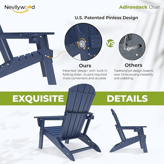 nevilywood Folding Adirondack Chair - Extended Ergonomic Backrest, Cup Holder - Easy Assembly - Durable HDPE Plastic, Weather Resistant & Maintenance-Free - Lawn, Patio, Deck Supports 380lbs NavyBlue
