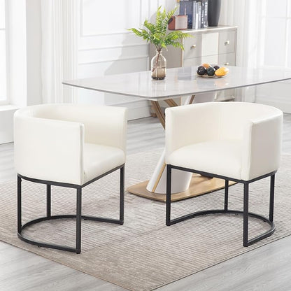Faux Leather Dining Chair Modern Barrel Arm Chairs with Black Metal Frame, Upholstered Kitchen Chairs 18.5" Wide Accent Chair for Living Room Dining Room Restaurant, White