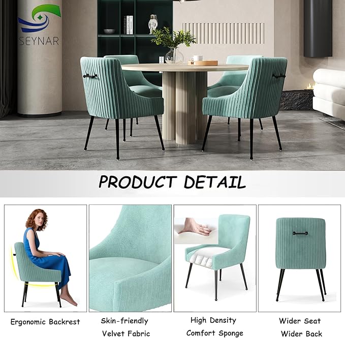 Velvet Dining Chairs Set of 6,Green Upholstered Living Room Chairs with Black Metal Legs, Modern Tufted Accent Chairs for Living Room, Study Room, Kitchen