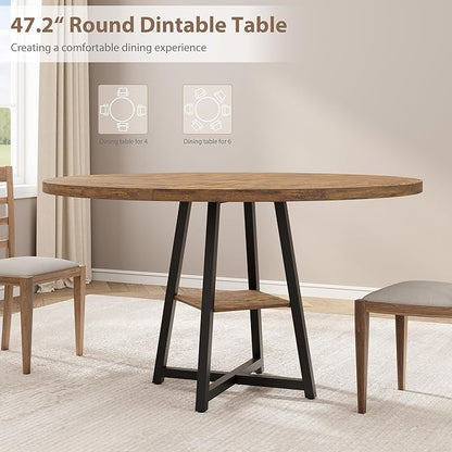 GAOMON Round Dining Table for 4-6 People, 47 Inch Brwon Dinner Room Pedestal Table with Storage Shelf, Industrial Circle Kitchen Table for Kitchen, Dining Room, Space Saving