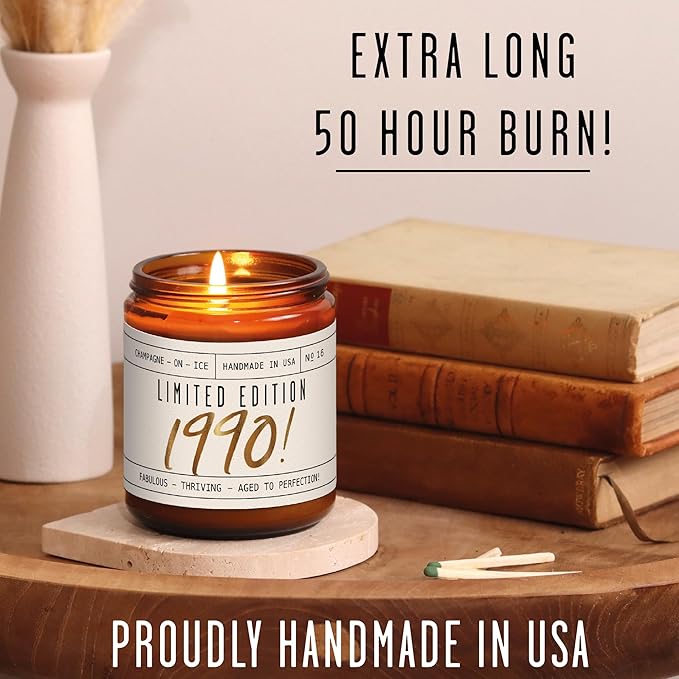 35th Birthday Gifts for Women - 'Limited Edition 1990' Soy Candle, w/Champagne on Ice I 35 Birthday Gifts for Women I 35th Gift for Her Ideas I 9oz Reusable Jar, 50Hr Burn, Made in USA