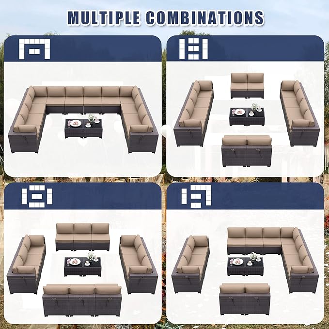Kurapika 14 Pieces Patio Furniture Set, Rattan Wicker Outdoor Conversation Sets w/4 Inch Cushion and Glass Coffee Table(Sand)