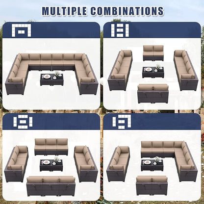 Kurapika 14 Pieces Patio Furniture Set, Rattan Wicker Outdoor Conversation Sets w/4 Inch Cushion and Glass Coffee Table(Sand)
