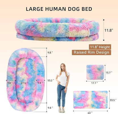 Human Dog Bed, Oversized Plush Lounger Bed with Plump Pillow and Blanket | 71" x 45" x 12" Long Plush Polyester Floor Nest for Relaxing, Napping, Reading, and Family Cuddle Time - Multicolor