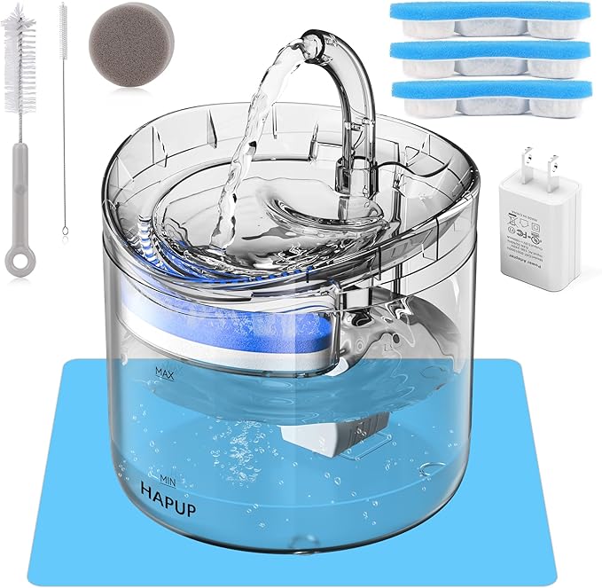 Cat Water Fountain Animal Water Dispenser 61OZ/1.8L Automatic Pet Drinking Fountain with 3 Filter Replacement 1 Pump 1 Cleaning Brush kit 1 Silicone Food Mat 1 Adapter for Cats Kitty Indoor