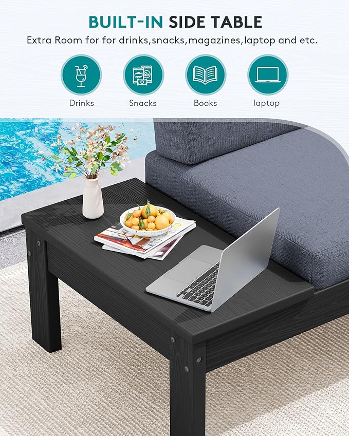 SERWALL HDPE Patio Furniture Set with 15FT Double Side Patio Umbrella, Outdoor Sofa Set, Seats 4, Modular Sectional Couch for Patio, Garden, Backyard, Black Frame with Grey Cushion