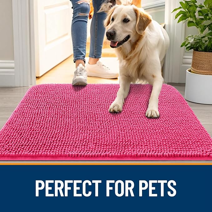 OLANLY Dog Door Mat for Muddy Paws 24x16, Absorbs Moisture and Dirt, Absorbent Non-Slip Washable Doormat, Quick Dry Chenille Mud Mat for Dogs, Entry Indoor Entryway Carpet for Inside Floor, Hot Pink