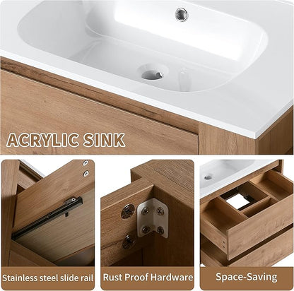 Goujxcy 30" Wall Mounted Bathroom Vanity with Sink, Modern Floating Bathroom Cabinet with White Gel Basin and Storage Drawer/Adjustable Side Shelf, Soft-Closing Door Wood Hanging Bath Room Cabinet