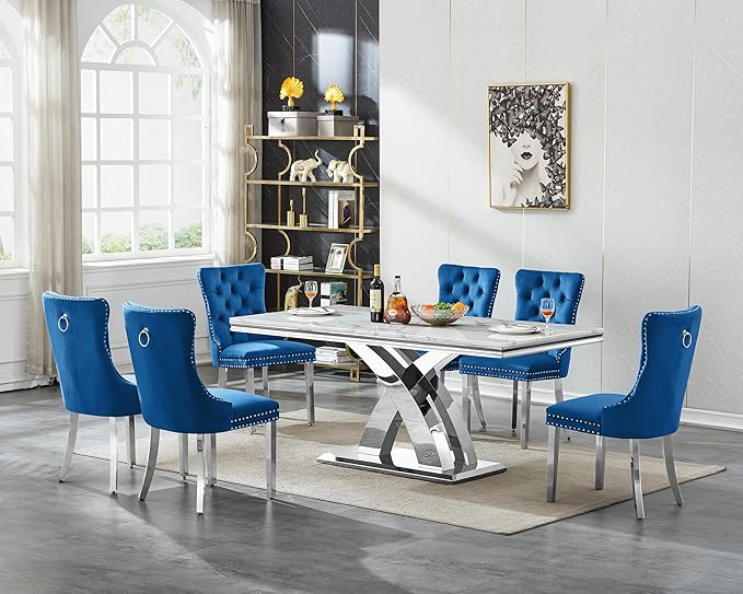 Goujxcy 7-Piece Dining Table Set Modern Faux Marble Dining Table Set for 6, Luxury 68" Long Faux Marble Kitchen Table with 6 Velvet Upholstered Chairs & Mirrored Stainless Steel Base