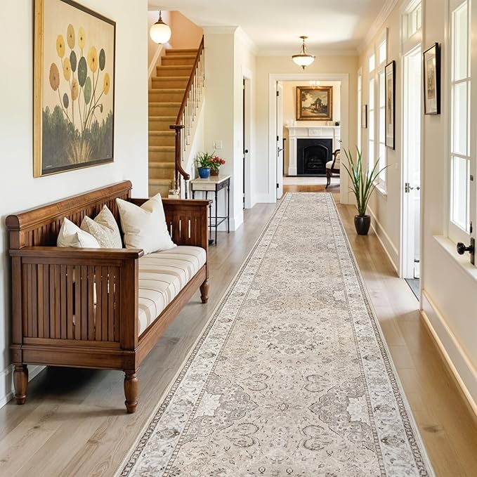 Hallway Washable Runner Rug - 3x16 Kitchen Rugs Entryway Rug Runner Vintage Soft Floor Mat Non Slip Indoor Farmhouse Carpet for Bathroom Living Room Bedroom (3 X 16, Beige)